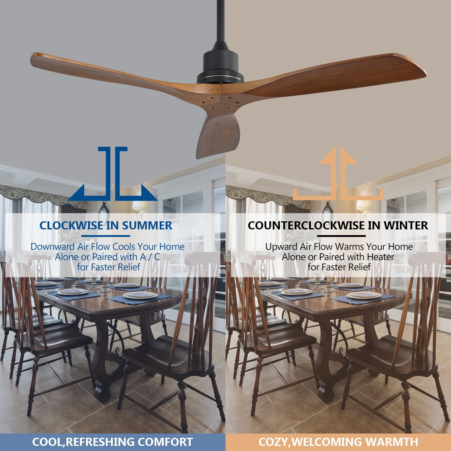 KempAura 52" Indoor & Outdoor Ceiling Fan — Natural Wood Finish