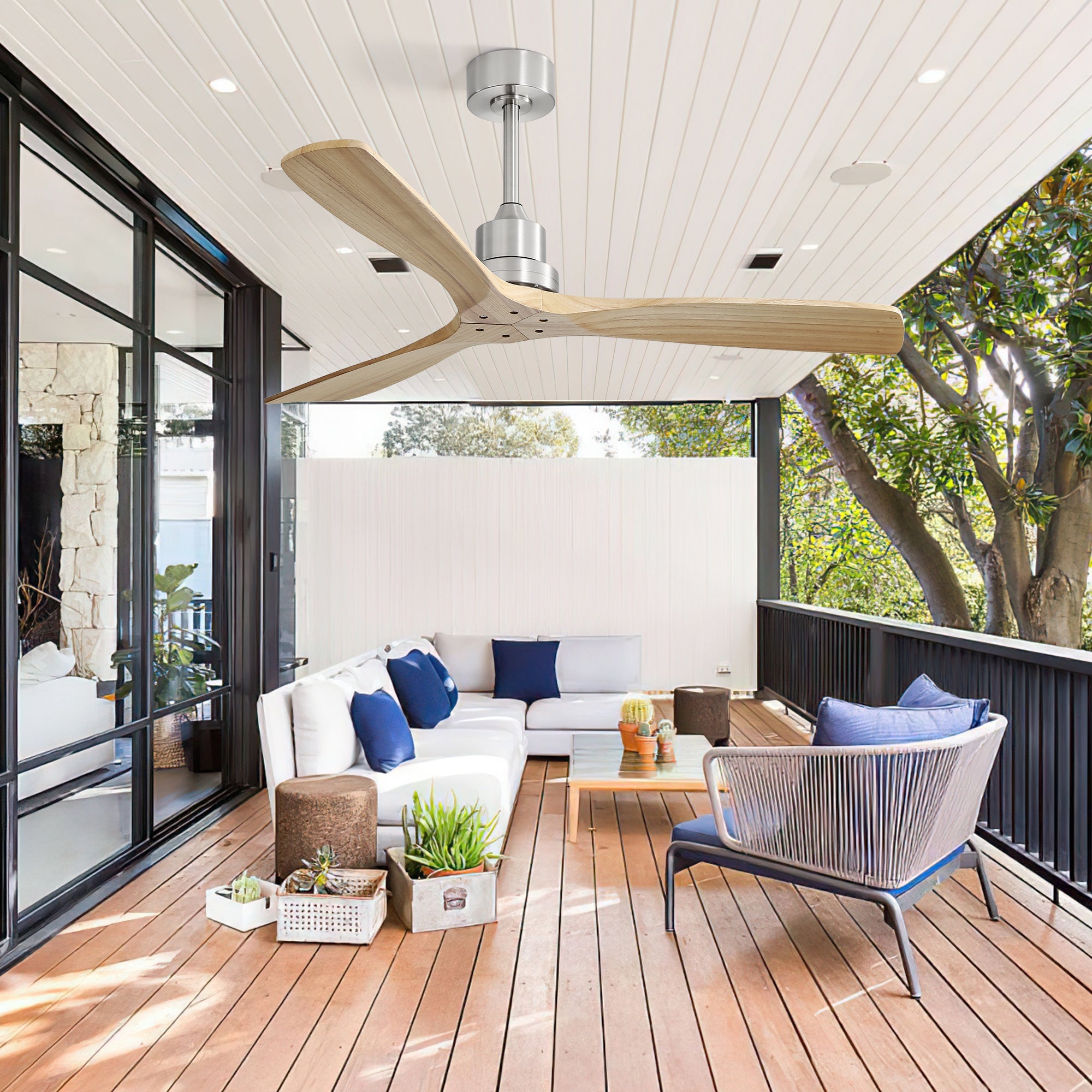 KempAura 52" Indoor & Outdoor Ceiling Fan — Brushed Nickel & Solid Wood