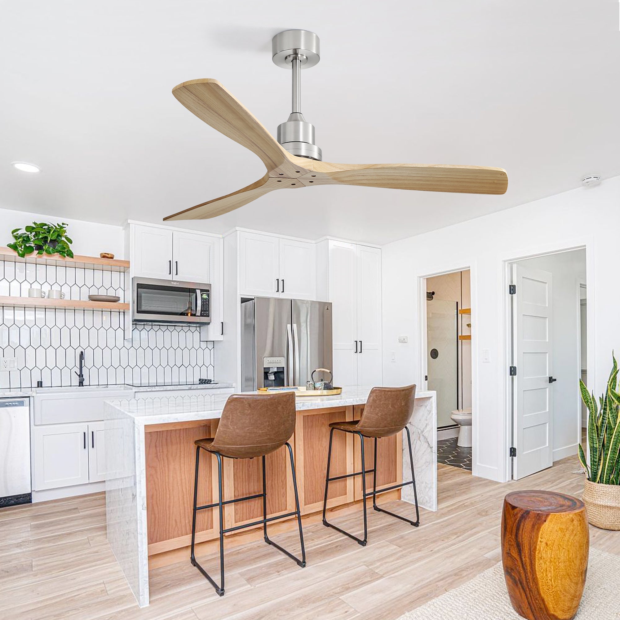 KempAura 52" Indoor & Outdoor Ceiling Fan — Brushed Nickel & Solid Wood