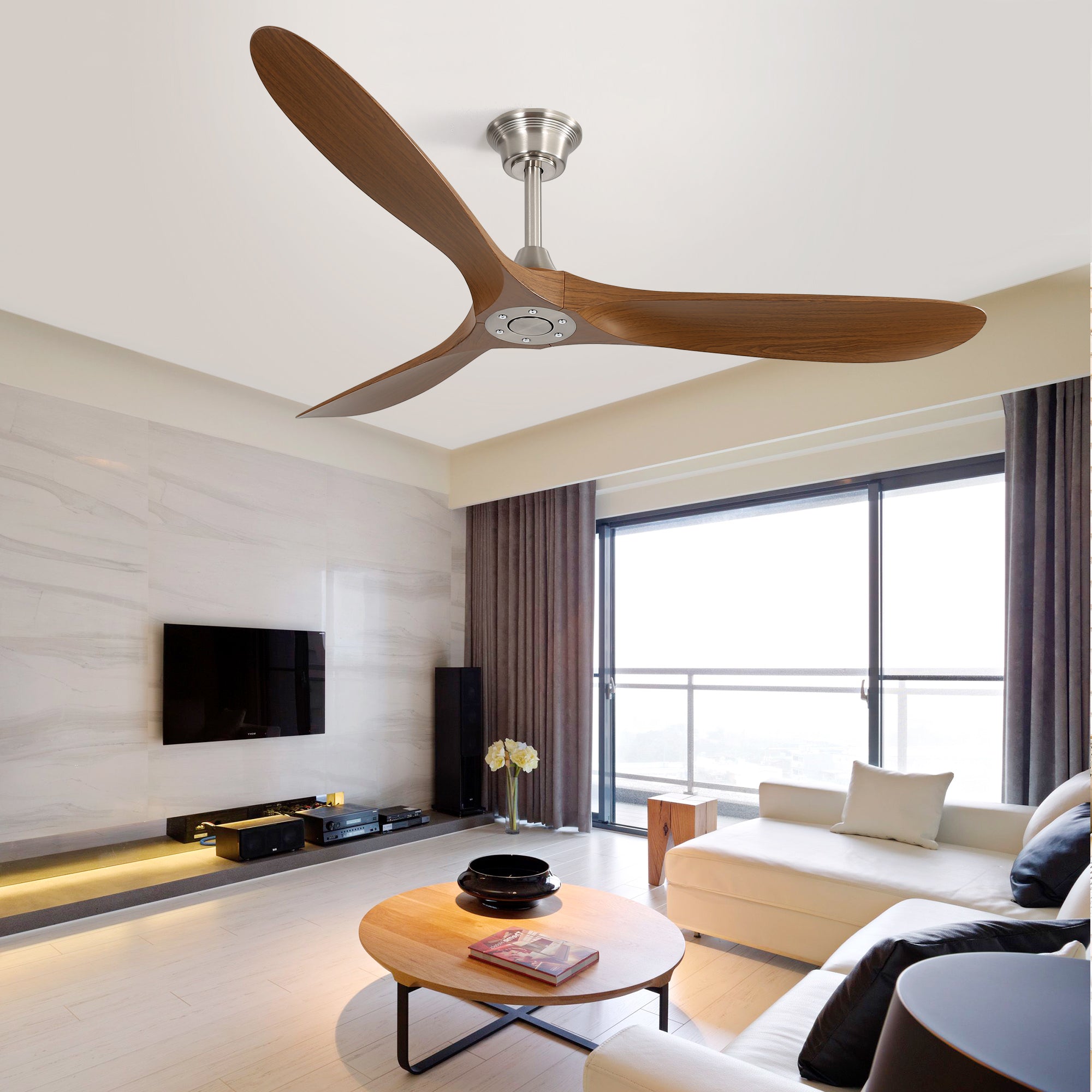 VistaWood 60" Indoor & Outdoor Ceiling Fan — Walnut Blades, Matte White
