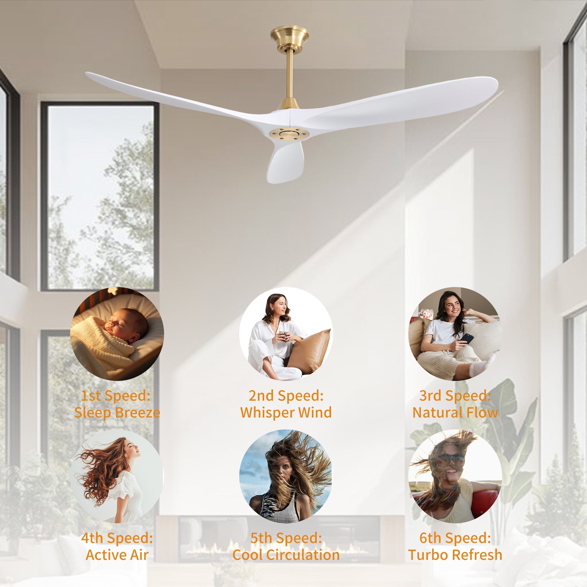 VistaWood 60" Indoor & Outdoor Ceiling Fan — White Blades, Gold Finish