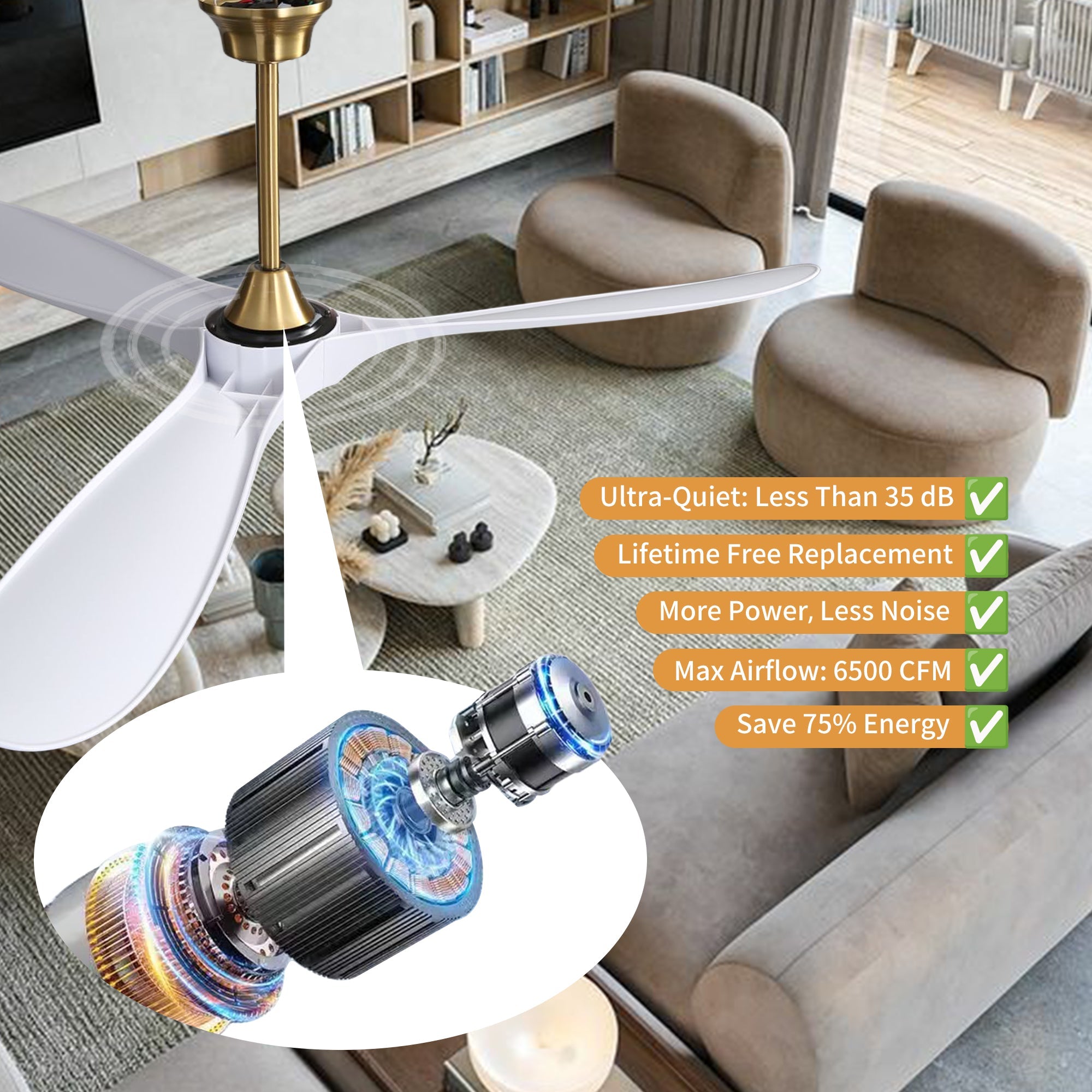 VistaWood 60" Indoor & Outdoor Ceiling Fan — White Blades, Gold Finish