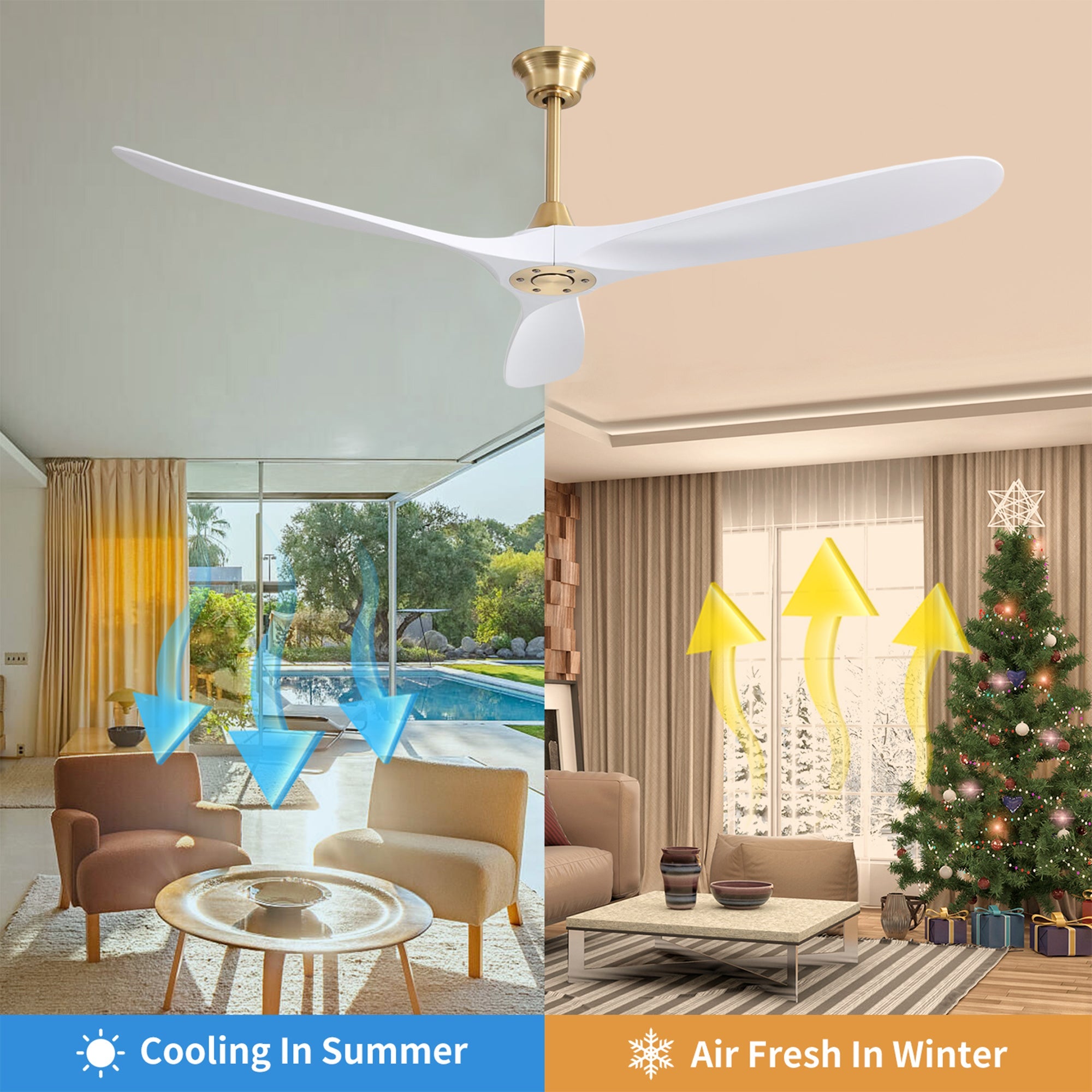 VistaWood 60" Indoor & Outdoor Ceiling Fan — White Blades, Gold Finish