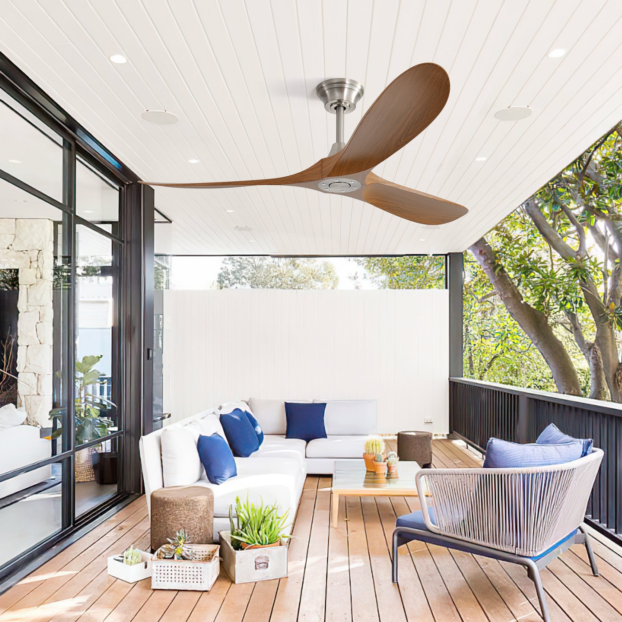 VistaWood 60" Indoor & Outdoor Ceiling Fan — Walnut Blades, Matte White
