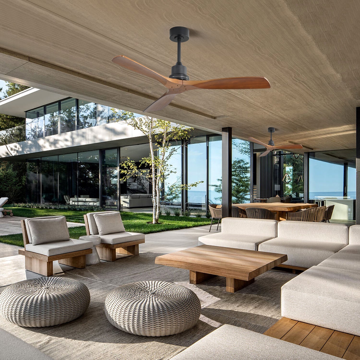 KempAura 52" Indoor & Outdoor Ceiling Fan — Natural Wood Finish