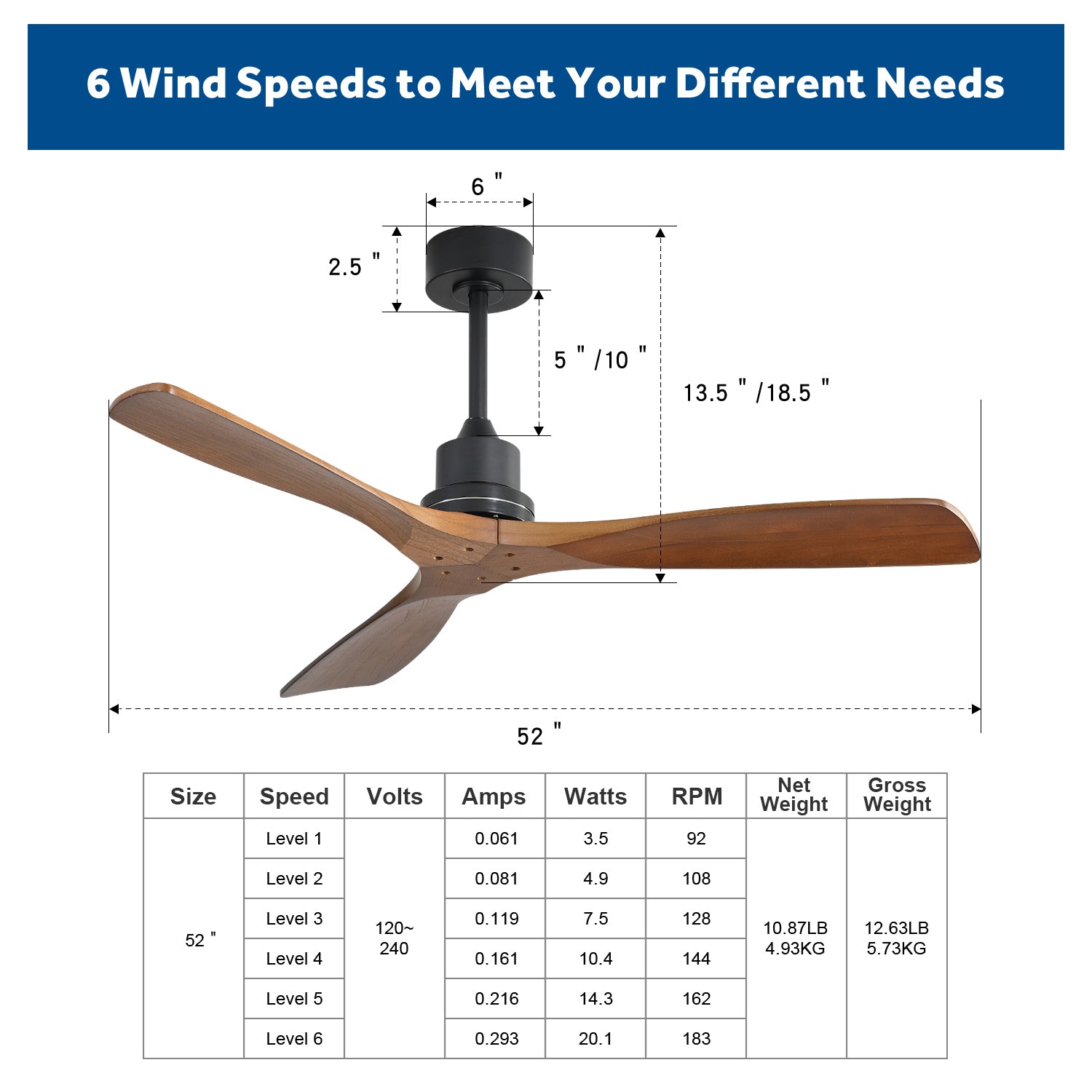 KempAura 52" Indoor & Outdoor Ceiling Fan — Natural Wood Finish