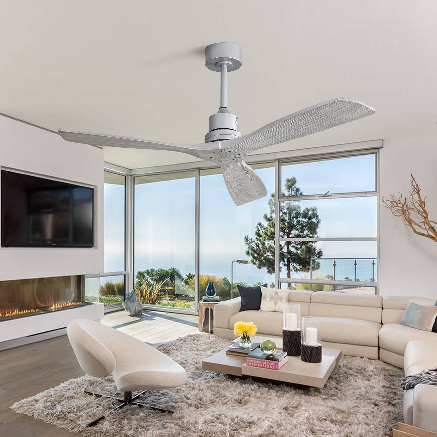 KempAura 52" Indoor Ceiling Fan — Silver Finish, Solid Wood Blades