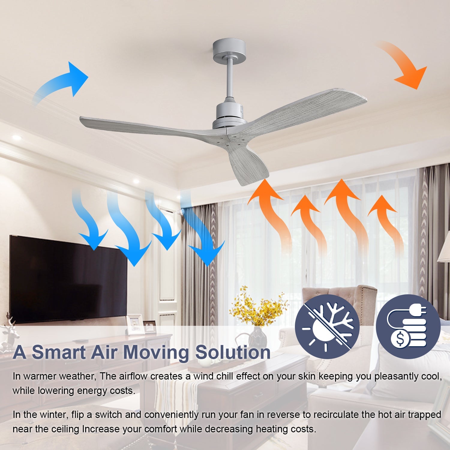 KempAura 52" Indoor Ceiling Fan — Silver Finish, Solid Wood Blades