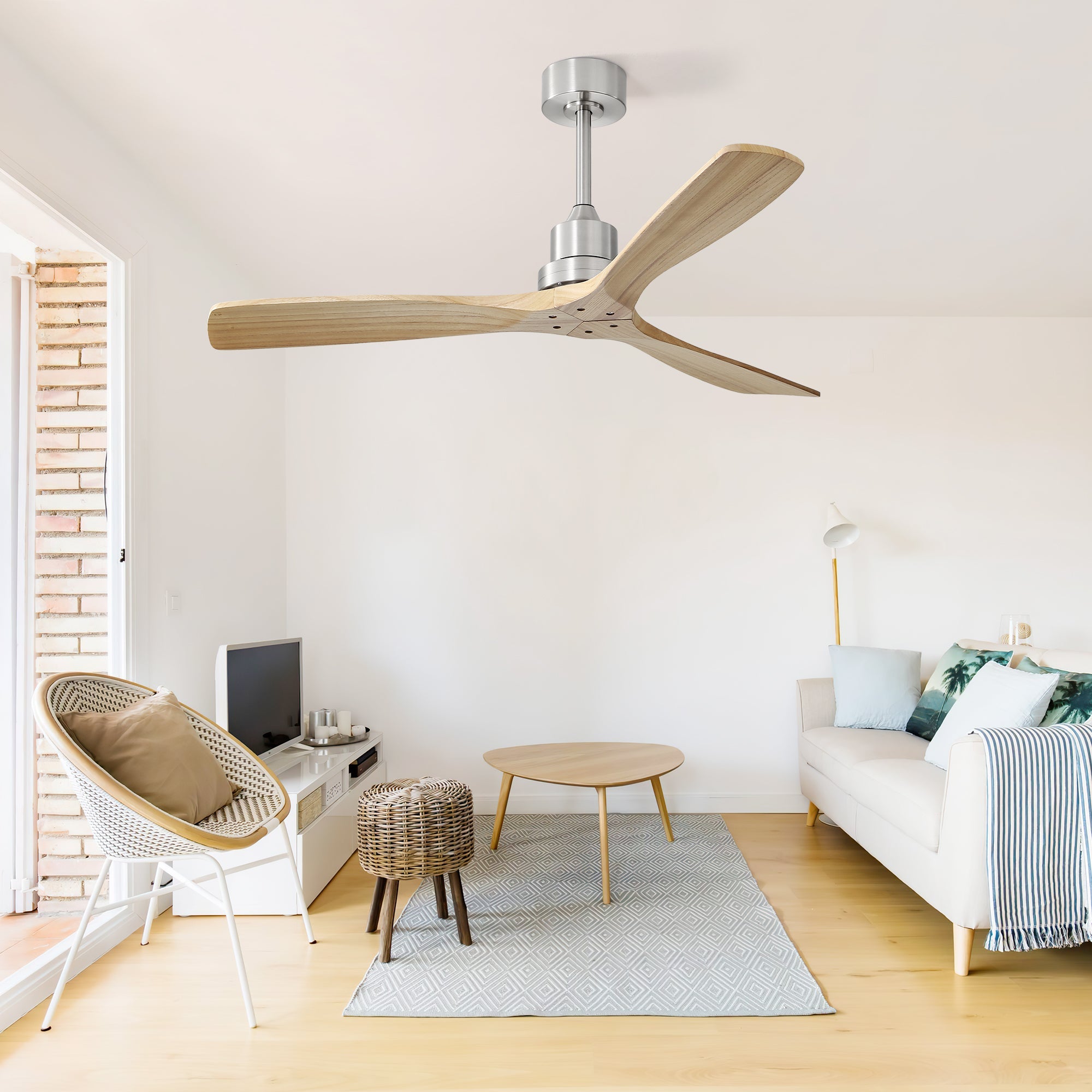 KempAura 52" Indoor & Outdoor Ceiling Fan — Brushed Nickel & Solid Wood