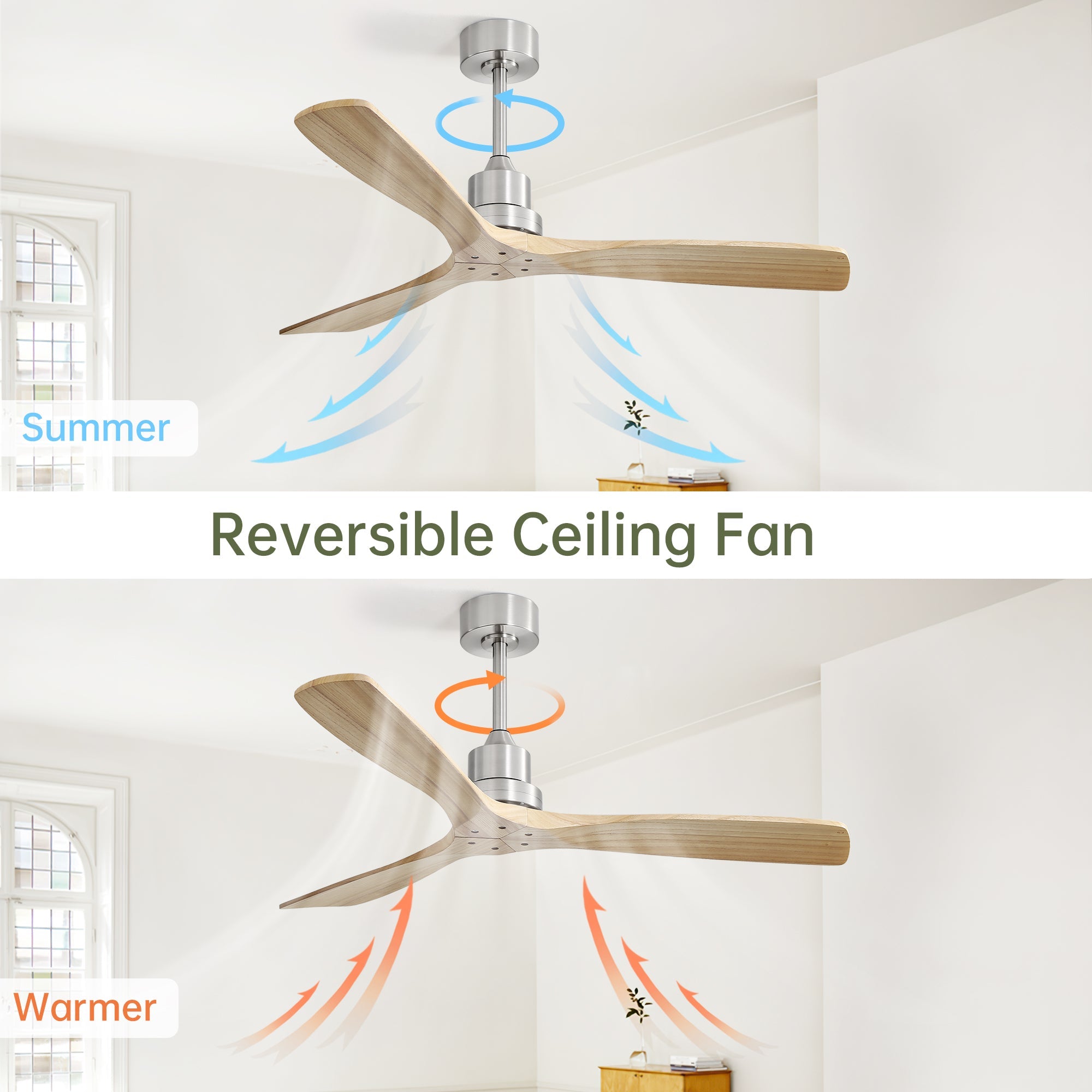 KempAura 52" Indoor & Outdoor Ceiling Fan — Brushed Nickel & Solid Wood