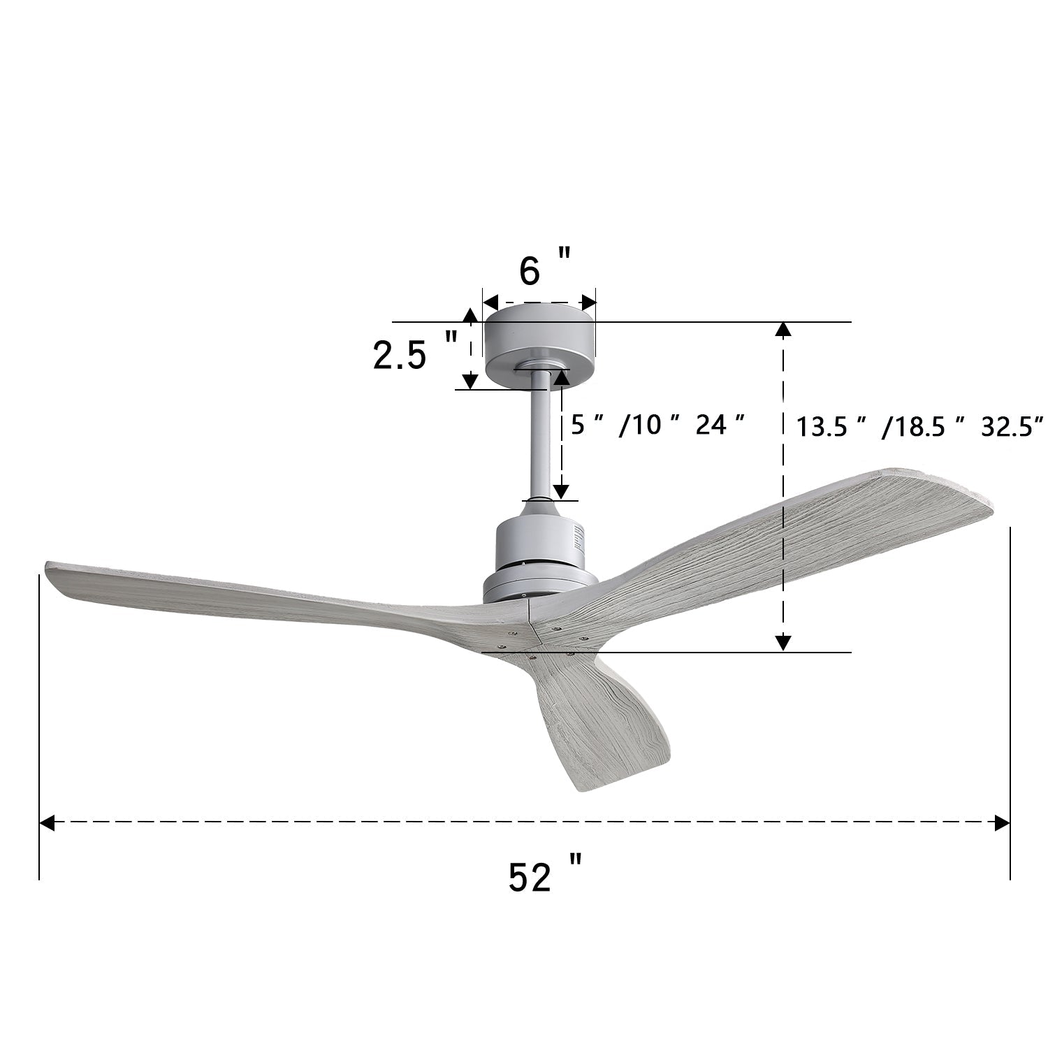 KempAura 52" Indoor Ceiling Fan — Silver Finish, Solid Wood Blades