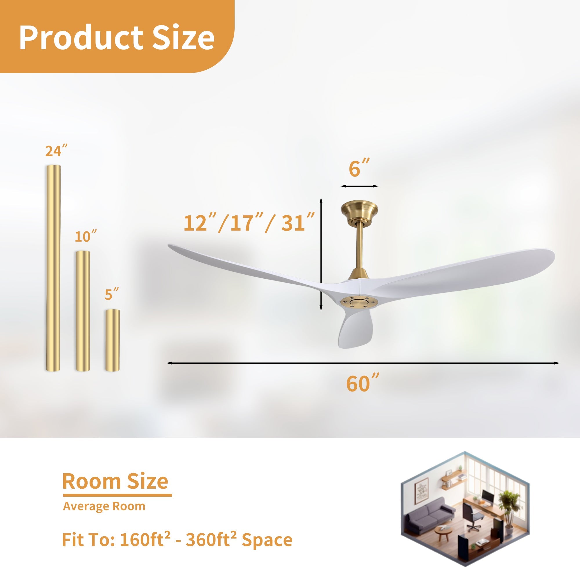 VistaWood 60" Indoor & Outdoor Ceiling Fan — White Blades, Gold Finish