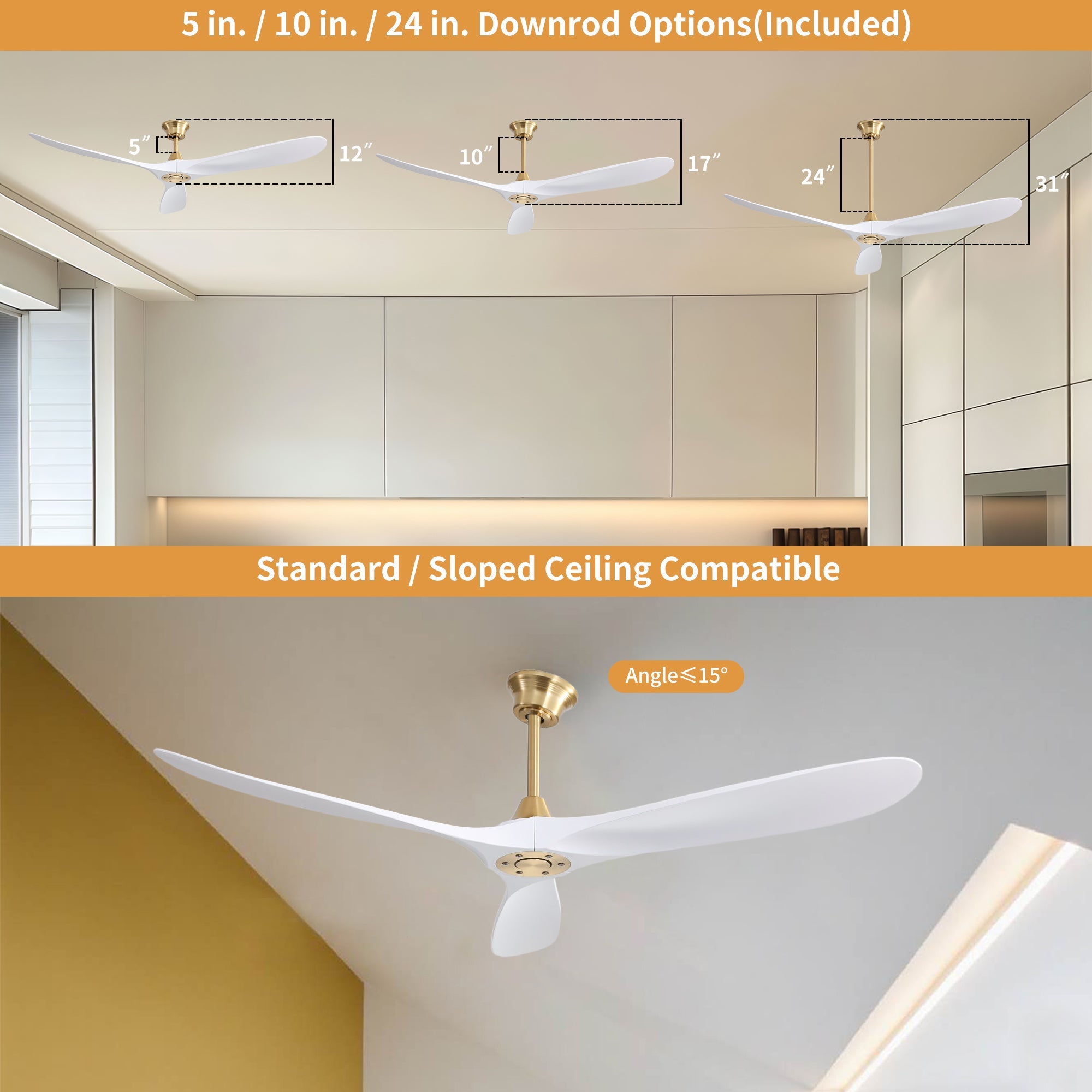 VistaWood 60" Indoor & Outdoor Ceiling Fan — White Blades, Gold Finish