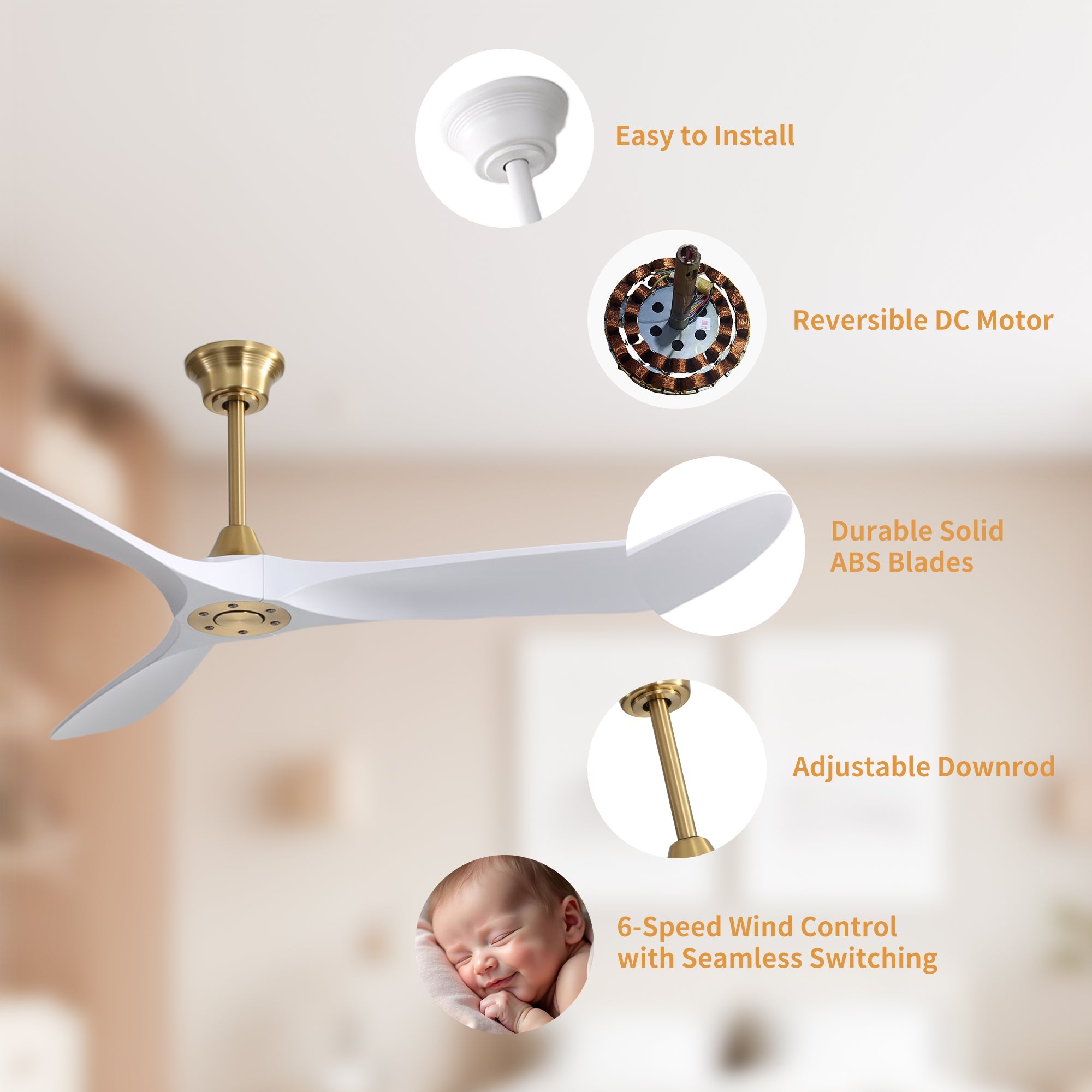VistaWood 60" Indoor & Outdoor Ceiling Fan — White Blades, Gold Finish