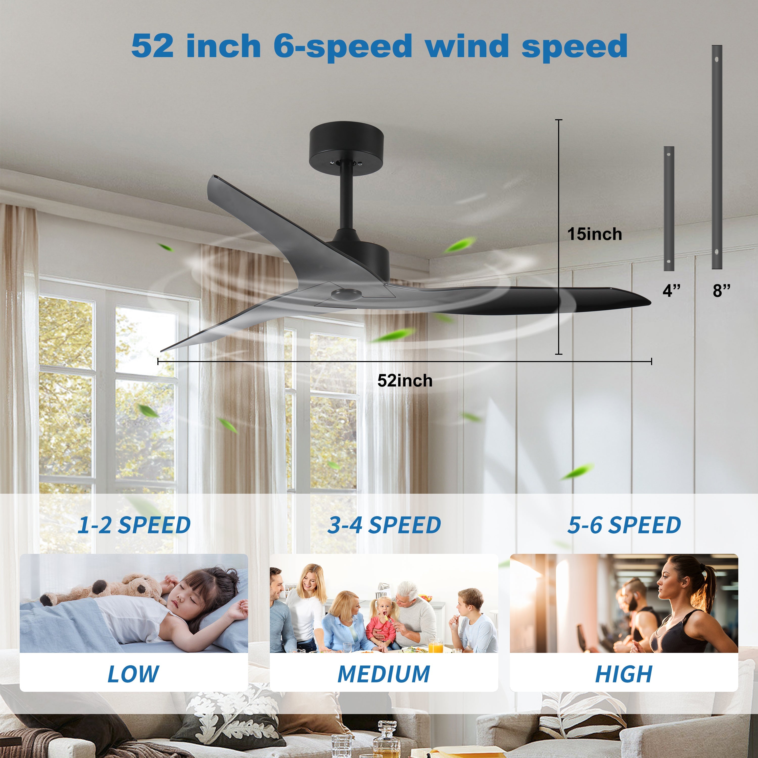 KempLeaf 52" Indoor & Outdoor Ceiling Fan in Matte Black — No Light